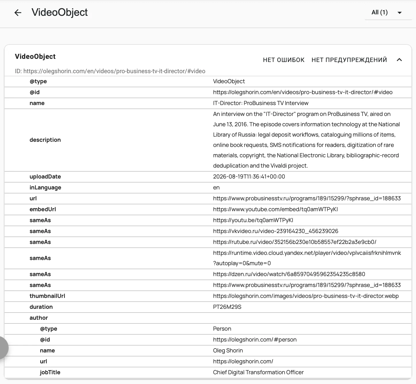 Разметка Schema.org одной страницы из раздела "Видео" сайта olegshorin.com